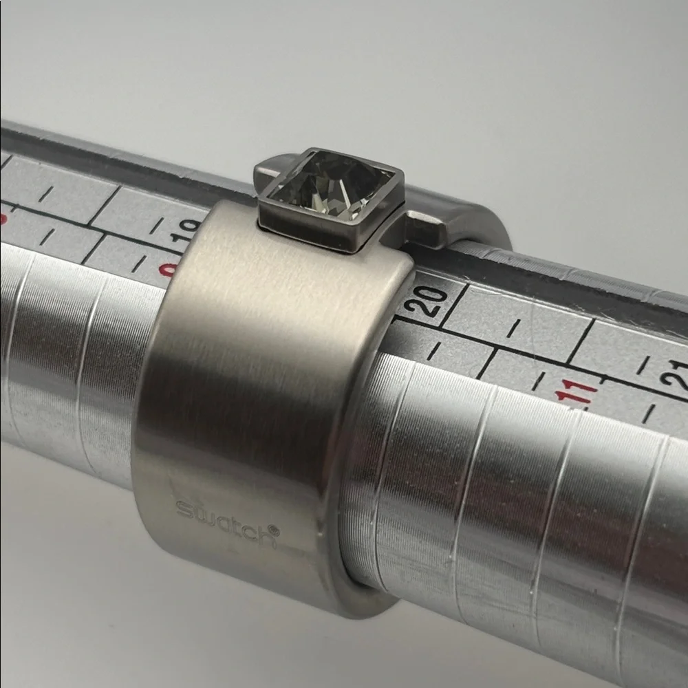 Swatch Bijoux Topic Path Stainless Steel & Smokey Crystal Ring - size 10